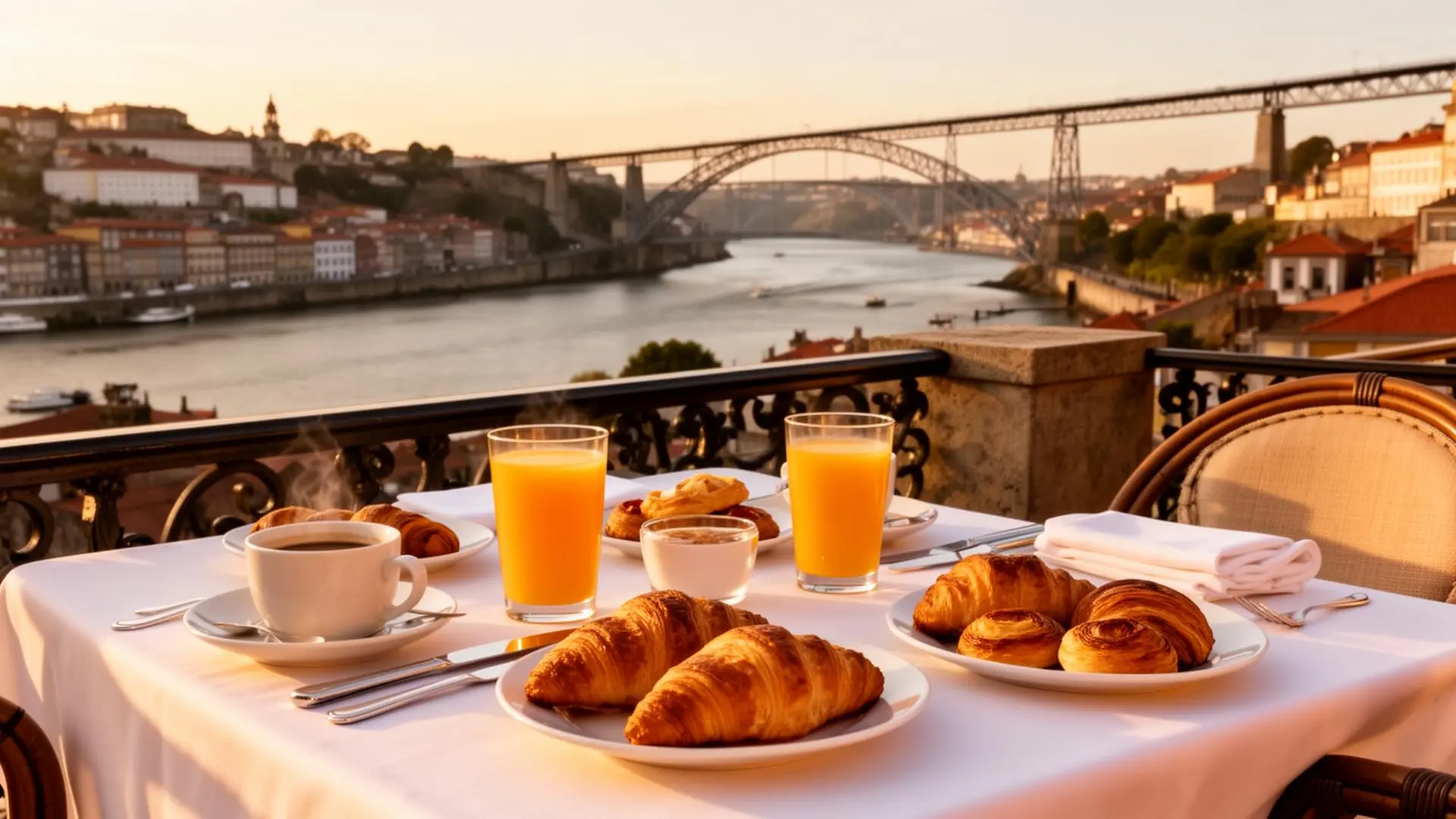 Mesa de pequeno-almoço num terraço sobre o Douro, com a ponte Luís I ao fundo
